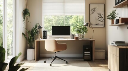serene minimalist home office flooded with natural light clean lines ergonomic furniture and carefully curated decor create a productive yet calming workspace