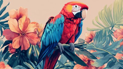 Obraz premium Vibrant red and blue parrot perched among tropical flowers in a lush jungle setting