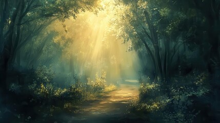 Obraz premium serene misty forest path with sun rays breaking through trees enchanting fairy tale landscape digital painting