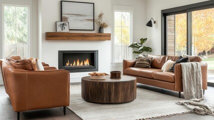 serene modern farmhouse living room with minimalist decor brown leather sofa and armchairs facing sleek gas fireplace rawedge wooden mantel adds rustic touch natural light and neutral tones