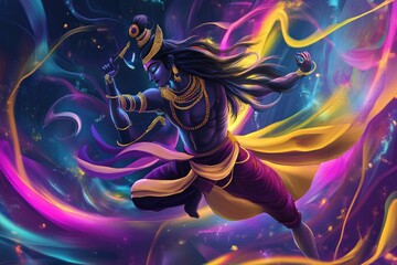 Vibrant 3D Cartoon Illustration of Shiva Performing Dance in Mythical Cosmic Background - Ideal for Spiritual Posters, Art Prints, and Meditation Decor