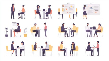 Hiring flat illustration mega set. Concept of recruitment, jobseeker, interview, business analysis, marketing, team metaphor and jobhunter templates.