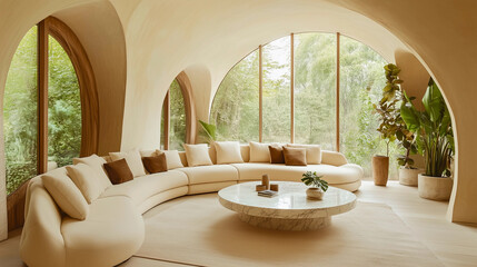 A spacious living room features a curvy, cream-colored sectional sofa that wraps gently around a circular, marble-topped coffee table.
