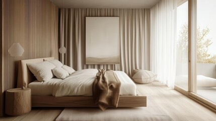 serene scandinavian bedroom natural wood furniture soft beige color scheme minimalist decor large windows with sheer curtains cozy textures clean lines and open space