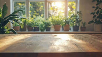 Fototapeta premium serene summer kitchen bathed in soft light sunbleached wooden table in foreground framed by a blurred window view of lush greenery creating a cozy inviting atmosphere