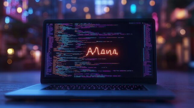 Java inscription against a laptop and code background.