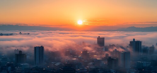 Obraz premium Cityscape with fog and sunrise.