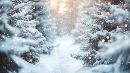 serene winter forest scene with snowcovered fir trees narrow path winding through trees soft bokeh effect magical atmosphere with space for text overlay