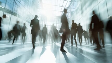 Long exposure shot of crowd of business people walking in bright office lobby fast moving with blurry, Generative AI