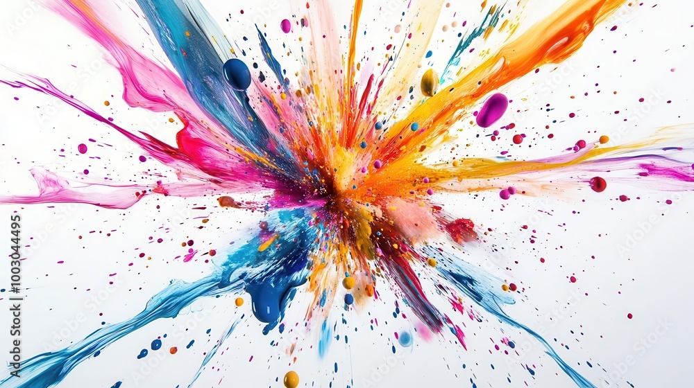 Poster shimmering explosion of vibrant paint particles frozen in time against a pristine white backdrop dyn