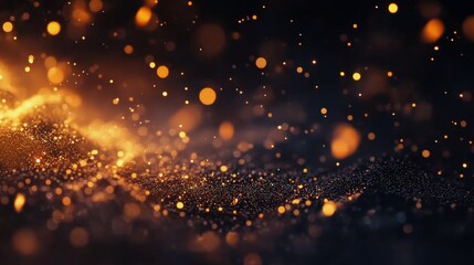 Sparkling golden particles floating through the air during a festive evening celebration