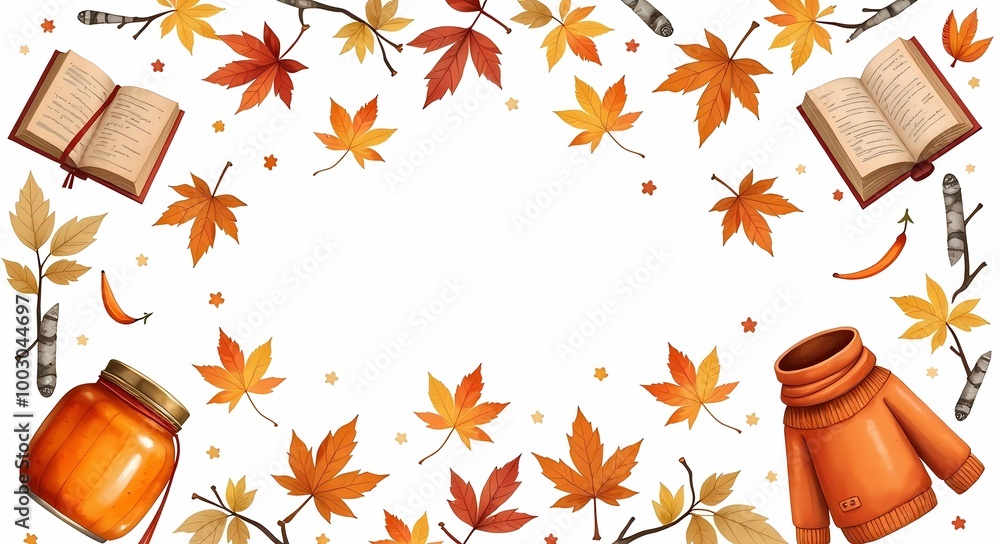 Poster halloween card with autumn illustrations with orange and brown elements in the form of a book, a swe