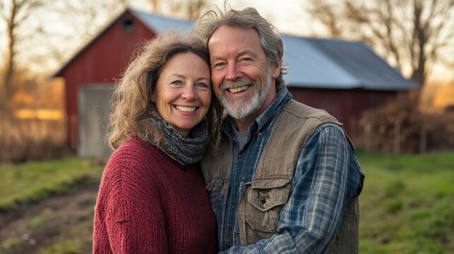 Middle aged caucasian couple living on a farm in the countryside smiling portrait