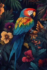 Fototapeta premium Vibrant macaw perched on blooming flowers in a lush tropical setting under soft lighting