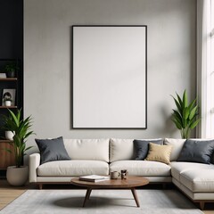 3D rendered modern living room wall poster mock-up featuring a minimalist home backdrop and showcasing an isolated ISO A paper on the wall in a contemporary style