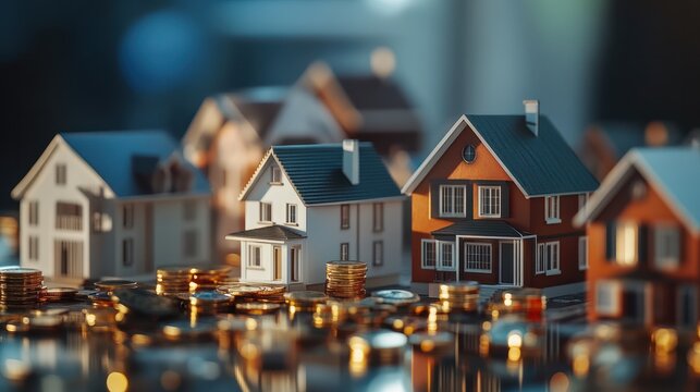 Mortgage collateral loan concept with coins and model houses. Real estate contracts and home equity line of credit (HELOC) depiction
