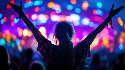 silhouette of exuberant woman with arms raised at outdoor music festival surrounded by crowd and illuminated by vibrant stage lights against night sky