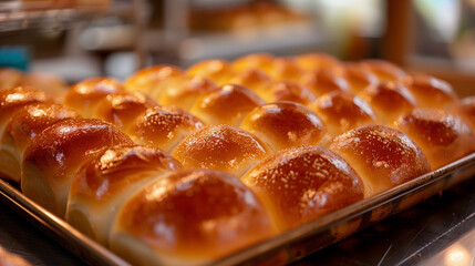 Golden-brown, shiny bread rolls arranged in perfect rows on a baking tray. Ideal for showcasing baking mastery and delicious homemade food.

