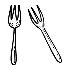 Set table fork hand drawn doodle. Utensil for eating food. Cutlery. Tableware. Kitchenware. Dining table setting. Vector sketch line art illustration.