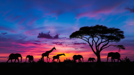 A stunning African sunset with the silhouettes of giraffes and elephants against a colorful sky. Perfect for showcasing wildlife in serene, natural beauty. 
