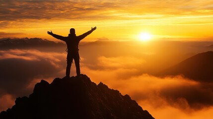 silhouetted figure atop misty mountain peak arms outstretched in triumph vibrant sunset paints sky in golden hues dramatic landscape sense of accomplishment and freedom