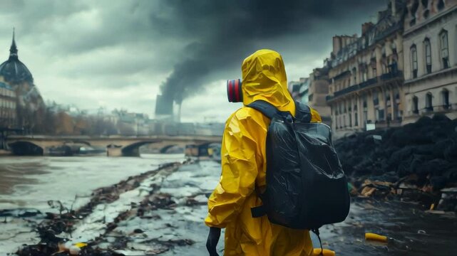A lone figure in a yellow hazmat suit stands on a polluted riverbank looking out over the cityscape.. AI Generation