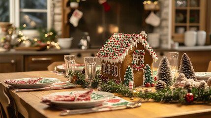 Fototapeta premium Gingerbread house on festive Christmas dining table with elegant holiday place settings and seasonal decor. Christmas celebrations or home holiday gatherings. Image made using Generative AI
