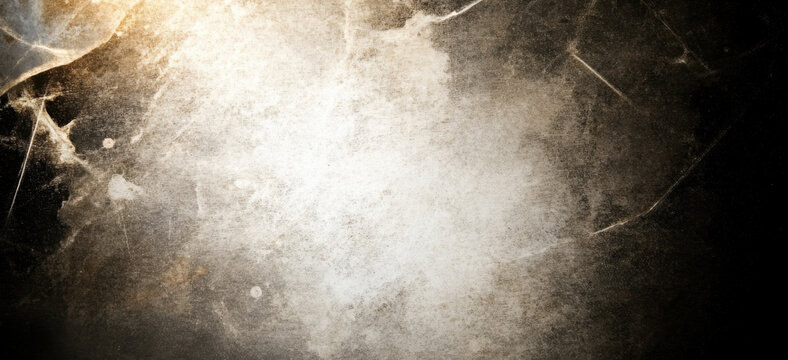 Black vintage scratched film texture background with heavy grain, dust and light leak