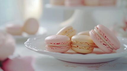 Fototapeta premium Elegant macarons arranged on a white plate with soft lighting highlighting their delicate beauty