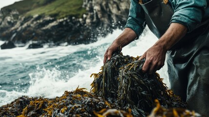 Obraz premium A fisherman is busy harvesting seaweed from the rocky shoreline, skillfully collecting the vibrant green algae as waves crash around him. The rugged coast provides a breathtaking backdrop