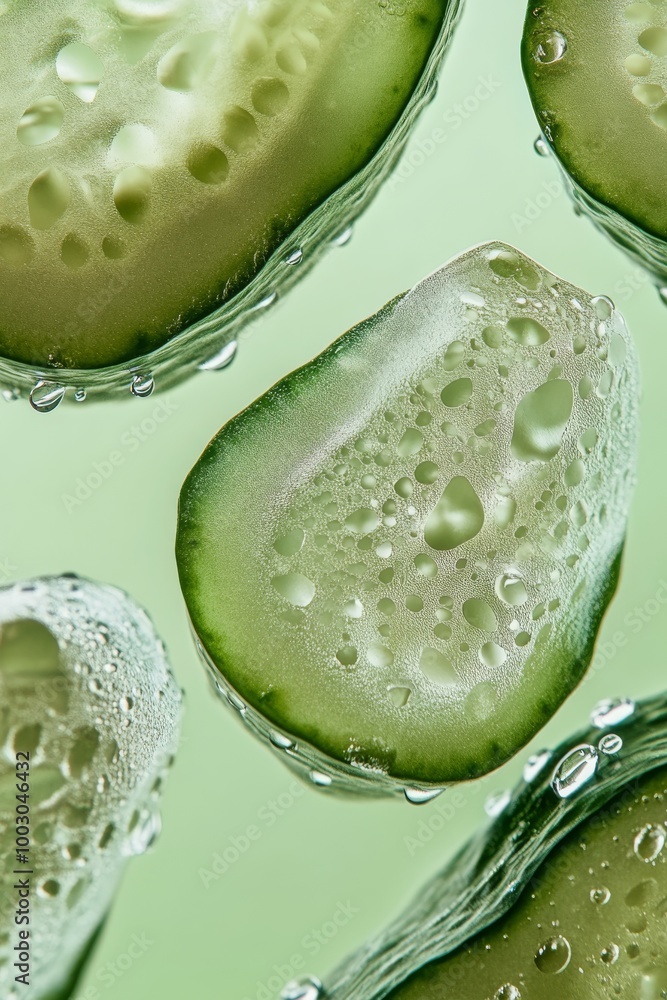 Poster close-up view of fresh cucumber slices with water droplets on a light background