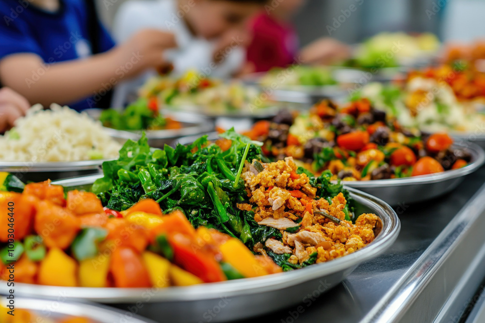 Wall mural a scene of a school cafeteria with children enjoying a variety of healthy lunch choices, highlightin