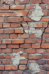 Textured brick wall with weathered mortar and peeling plaster in an urban setting