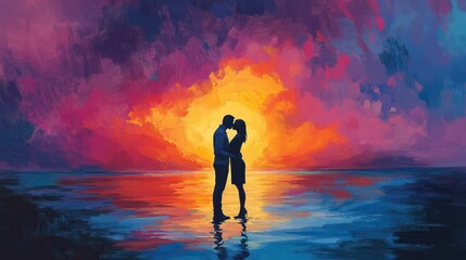 Obraz premium Silhouette of a couple sharing a kiss against a colourful sunset