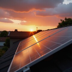 Solar panels illuminated by sunset light on roof