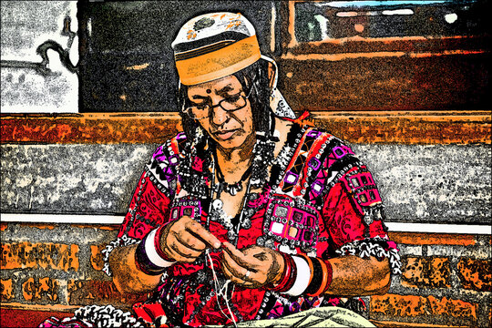 Portrait Digital Art - The Lambani tribes doing embroidery, they also called Lambadi, Lambani, Lamani or Banjari is a Western Indo-Aryan language spoken by the Banjara people across India. 