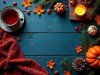 Cozy autumn flat lay with warm tea, seasonal decorations, rustic elements on vibrant blue wooden table