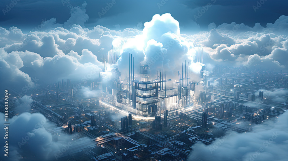 Poster concept of a digital city with cloud connections. futuristic network in the clouds.