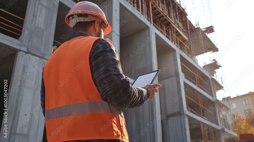 Poster structural engineer or architect dressed in work vests and hard bats use tablet on the open building