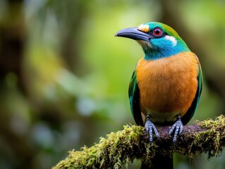 Obraz premium An exquisite bird perches quietly in a lush forest setting, exhibiting the serene beauty and diversity of the natural world and its undisturbed wildlife habitats.