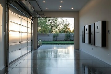 Illustration of home battery packs mounted on the wall of a sleek, modern garage, representing an alternative electric energy storage system focused on backup power