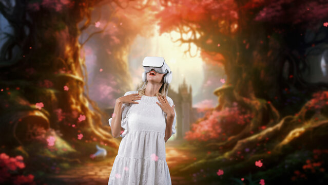 Excited woman looking around by VR surround enchanted wonderful fairytale forest with pink maple leaves falling meta magical world like fairy tale in jungle timer tale at castle backside. Contraption.
