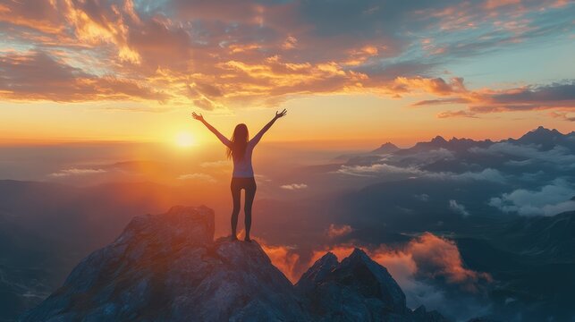 Successful woman joy when reaches to her objective. Woman jump on top of the mountain with arms open to a welcoming new day with sunrise, Generative AI
