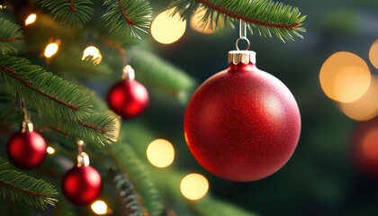 Obraz premium Merry Christmas Red Decoration Bulb on Tree for Holiday Celebration