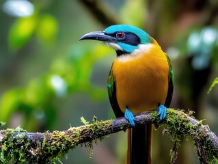 Fototapeta premium A vibrant bird with a striking blue and orange plumage sits gracefully on a moss-covered branch, surrounded by lush green foliage in a serene forest setting.