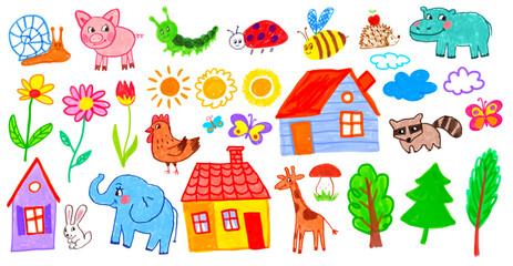 Felt pen hand drawn vector illustrations collection of child drawings and doodles