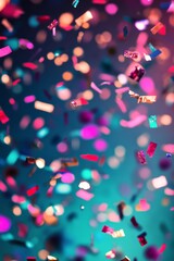 Colorful confetti scattered on a vibrant surface during a festive celebration in the evening