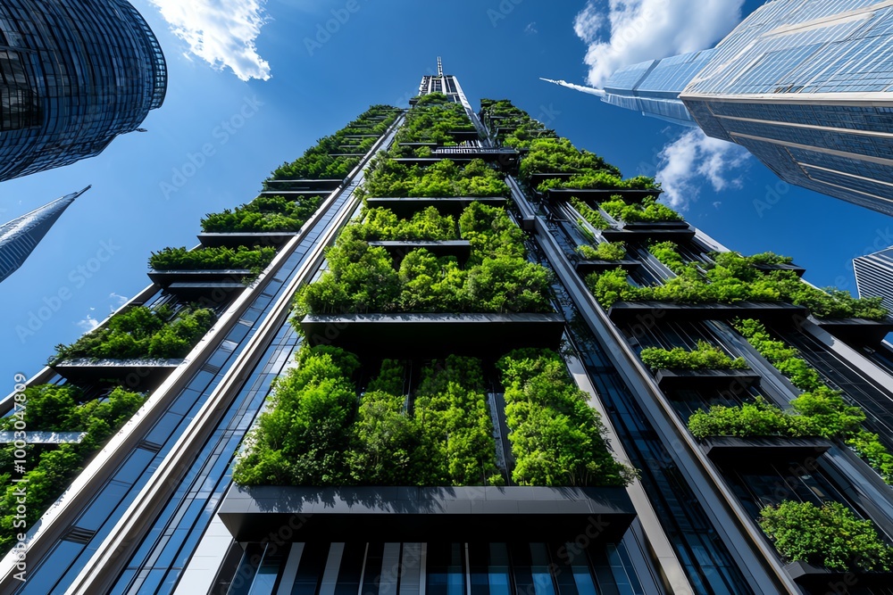 Poster futuristic architecture with vertical forests and green walls, demonstrating a cityâ€™s commitment t