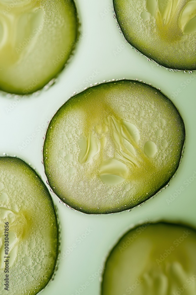 Poster close-up view of fresh cucumber slices with water droplets on a light background