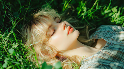 Naklejka premium young woman laying and relaxing in the grass, peaceful expression 